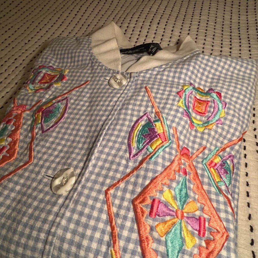 Vintage Women’s IB Diffusion Embroidered Gingham Button-Up – Artsy 80s/90s Style